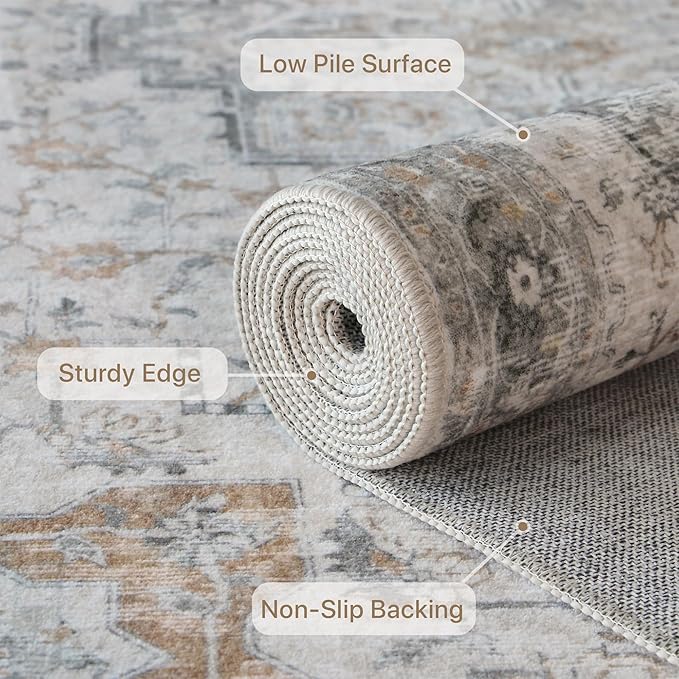 GENIMO Runner Rug 2'6''x10, Non Slip Vintage Hallway Runner Rugs, Low Pile Lightweight Machine Washable Mat for Hallway, Entryway, Bedroom, Kitchen and Corridor, Light Taupe Brown