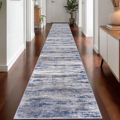 KOZYFLY Modern Abstract Washable Rug Runner 2.6x18 Hallway Rug Runner Non-Slip Soft Kitchen Runner Rugs, Grey-Blue Striped Carpet for Entryway Bathroom Laundry Room Foyer