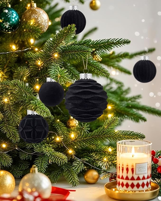Velvet Christmas Ball Ornaments Set-46pcs Flocked Shatterproof Christmas Tree Decorations Plastic Xmas Decorative Hanging Ornaments for Xmas Holiday Home Decor,3 Sizes(Black)