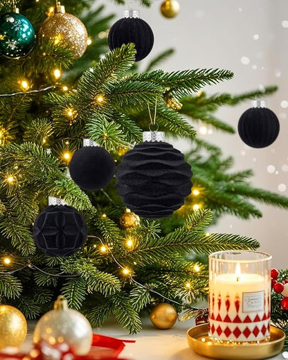 Velvet Christmas Ball Ornaments Set-46pcs Flocked Shatterproof Christmas Tree Decorations Plastic Xmas Decorative Hanging Ornaments for Xmas Holiday Home Decor,3 Sizes(Black)