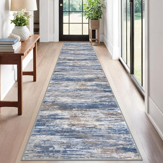 KOZYFLY Modern Abstract Kitchen Runner Rug, 2x12 Washable Rug Runner Non-Slip Soft Striped Hallway Runner Rugs, Blue Rust Print Carpet Runner for Entryway Bathroom Laundry Room Foyer
