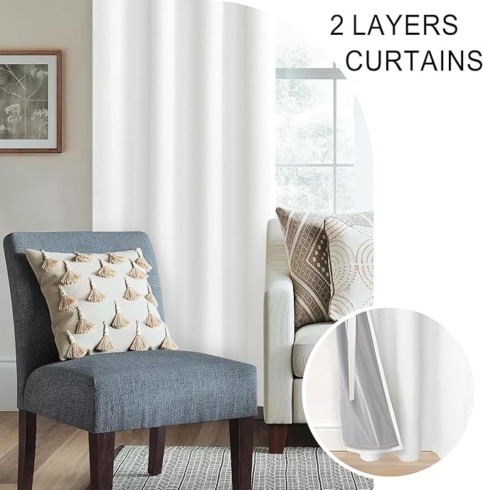 XWZO Full Shading Blackout Curtains 54 Inches Length with Tiebacks- Heat and Light Blocking Ring Top Window Drapes with Black Liner Backing for Bedroom/Kid's Room, Ivory, W42 x L54, Set of 2 Panels