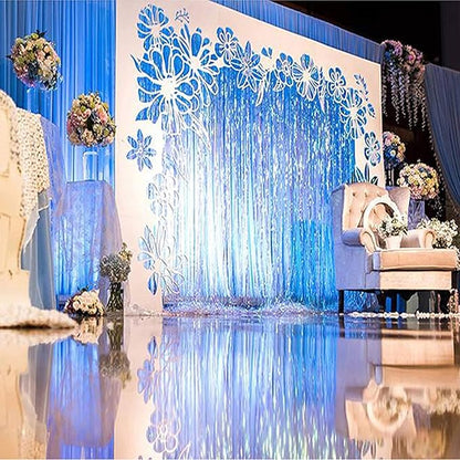 BRAVESHINE Blue Tinsel Foil Fringe Curtains - 2Pcs 3.2x8.2 ft Metallic Holidays Photo Backdrop for Boys Men Birthdays Homecoming Bachelor Bachelorette Engagement Sea Theme Ramadan Party Decorations