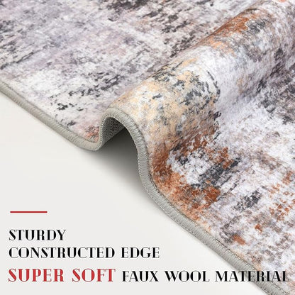 Modern Abstract Small Area Rug Indoor, Grey Orange Multi 3x5 Washable Rug Non-Slip Soft Entryway Rug Kitchen Mats Thin Print Faux Wool Floor Carpet Colorful Throw Rugs for Entrance Bedroom