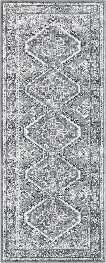 KUTA Oriental Washable Runner Rug, 2x5 Runners Non-Slip Vintage Grey 5ft Hallway Kitchen Rugs Ultra Soft Printed Distressed Tribal Farmhouse Carpet for Bedroom Entryway Decor