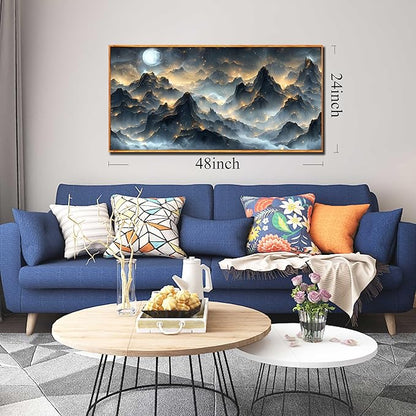 Ouzzlie Black and Gold Art Wall Decor Moon Wall Art for Office Mountain Landscape Canvas Picture Artwork 24" x 48"
