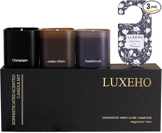 Luxury Scented Candle Set 3-Pack | Home Decor & Giftable Soy Candles | Champagne, Sandalwood & Amber | 75h Burn Time | Cotton Wick | Elegant Decorative Jars