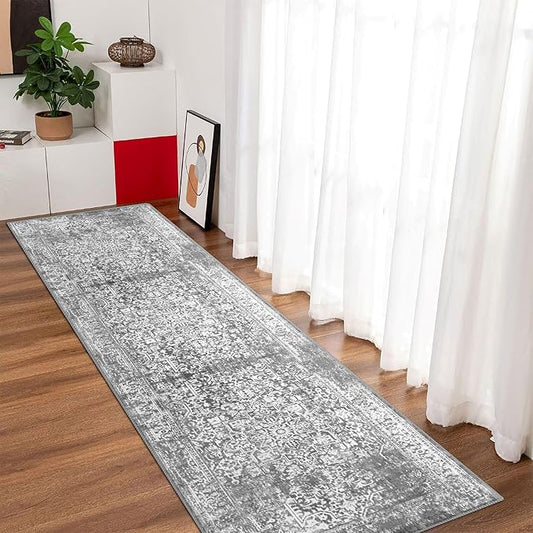 vivorug Grey Runner Rug 2x10 Machine Washable Rug with Non-Slip Backing, Ideal for Kitchen Hallway Entryway Laundry Room - Vintage, Durable, Easy Clean, Low Pile Carpet Runner