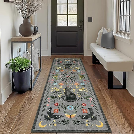 GarveeHome 2x6 Cat Washable Runner Rug for Kitchen, Soft Grey Hallway Runner Non Slip Mushroom Moths Entryway Rug Floral Laundry Mat Stain Resistant Carpet for Bedroom Bathroom Beside Rug