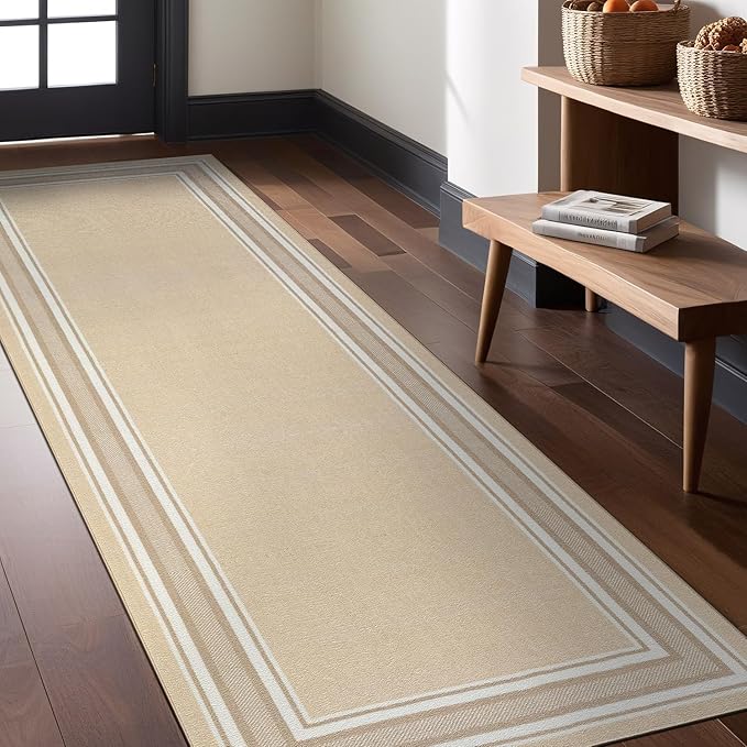 Modern Bordered Non Slip Indoor Runner Rugs for Living Room 2x7 Area Rugs for Kitchen, Rug for Bedroom, and Hallway, Stain Resistant Easy Cleaning Non Shedding Beige 2 x 7