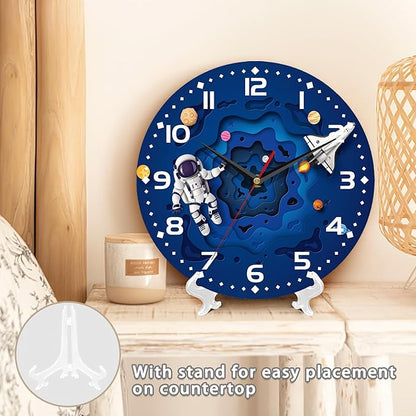 Space Travel Style Wall Clock Vintage Wooden Wall Clock Silent Non-Ticking Battery Operated Arabic Numerals Wall Clocks Decorative for Kitchen, Office, Classroom 10 Inch