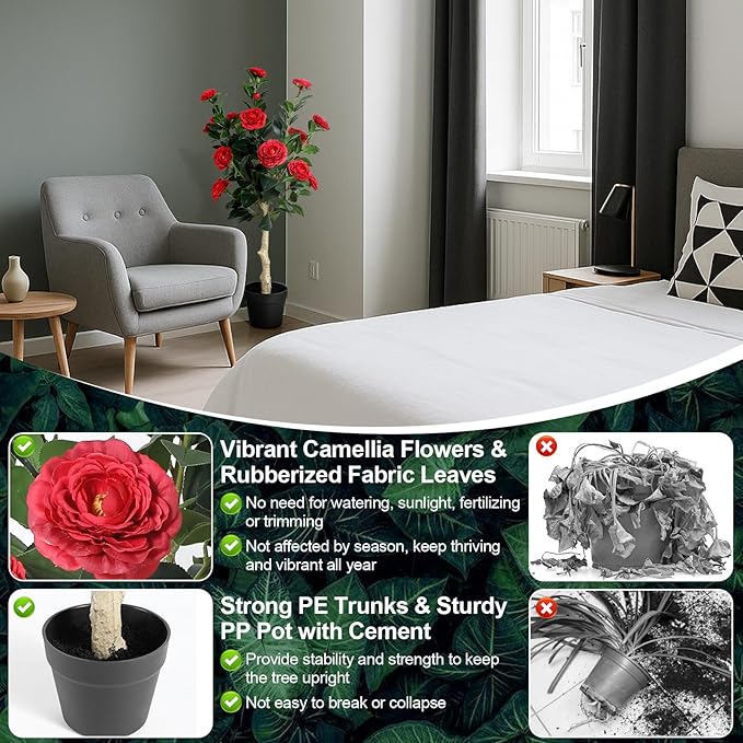3FT Artificial Camellia Tree, 2 Pack Fake Camellia Tree Artificial Tree, Faux Floral Plants in Cement Pot, Greenery Potted Plant for Indoor Outdoor Home Office Porch Decor (Red)