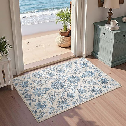 jinchan 2x3 Washable Rugs for Entryway, Vintage-Inspired Floral Design Non-Slip Low-Pile Doormat, Ultra-Thin Indoor Traditional Accent Carpet for Entrance Kitchen Bathroom Bedroom, Dark Blue
