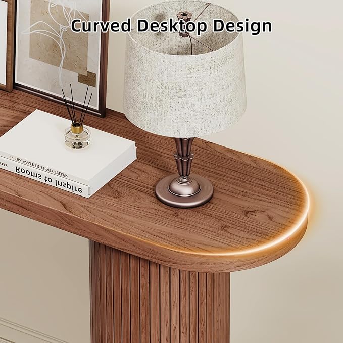 55 Inch Console Table, Fluted Entryway Table, Mid-Century Modern Sofa Table Behind The Couch, Hallway Tables, Curved Sofa Stand for Hallway, Living Room, Foyer Walnut