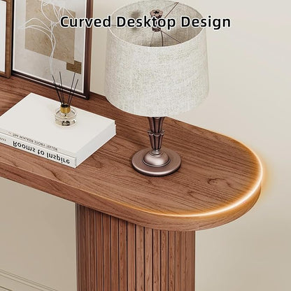 55 Inch Console Table, Fluted Entryway Table, Mid-Century Modern Sofa Table Behind The Couch, Hallway Tables, Curved Sofa Stand for Hallway, Living Room, Foyer Walnut