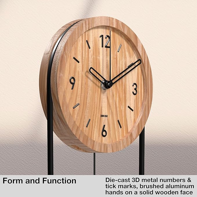 Driini Decorative Wall Clock with Pendulum (Light) – Modern Wood; 3D Black Numbers; Metal Frame – Small, Unique Wall Clocks for Living Room Decor or Bathroom - Battery Operated, Silent, Non-Ticking