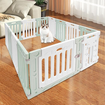 Dog Playpen with Door, 13 Panels Green Freestanding Pet Safety Fence, Removable & Stackable Pet Safety Fence or Small Dogs and Cats 53.54x40.55x25.6 in