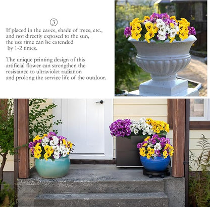 Hananona 12 Bundles Artificial Flowers Outdoor UV Resistant Artificial Silk Pansies Faux Plastic Flower in Bulk Fake Outdoor Plants(12, Yellow, White, Purple)