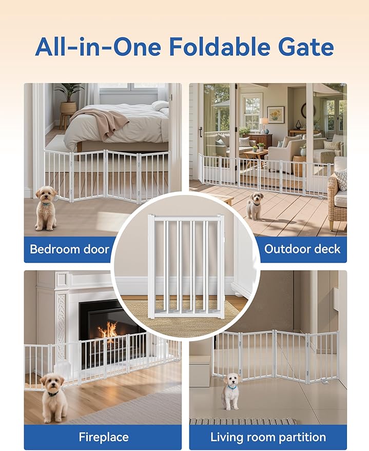 Free Standing Foldable Dog Gate, 16.5" High Step-Over Metal Short Pet Gate, Up to 48" Wide Puppy Fence for Stairs and Doorways, Indoor & Outdoor Use, No Drilling and No Assembly, White