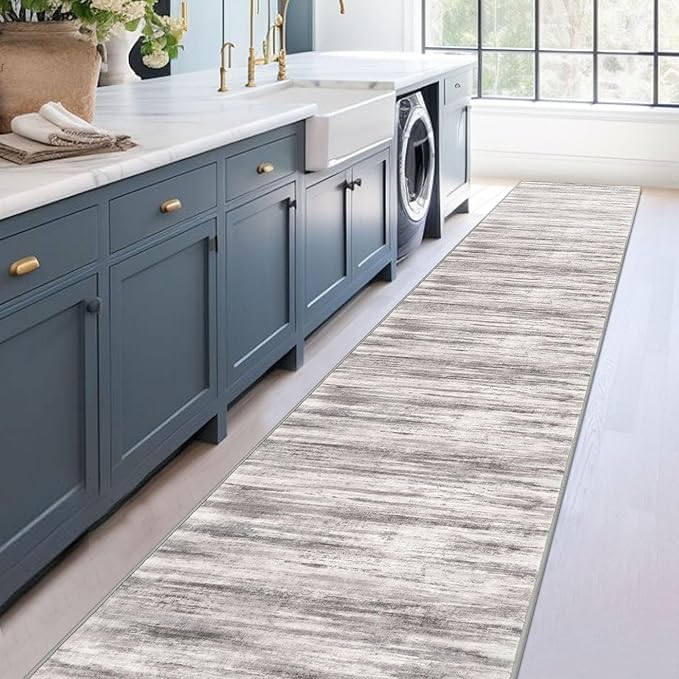 KOZYFLY Modern Abstract Washable Rug Runner 2.6x16 Hallway Rug Runner Non-Slip Soft Kitchen Runner Rugs, Grey-Beige Striped Carpet for Entryway Bathroom Laundry Room Foyer
