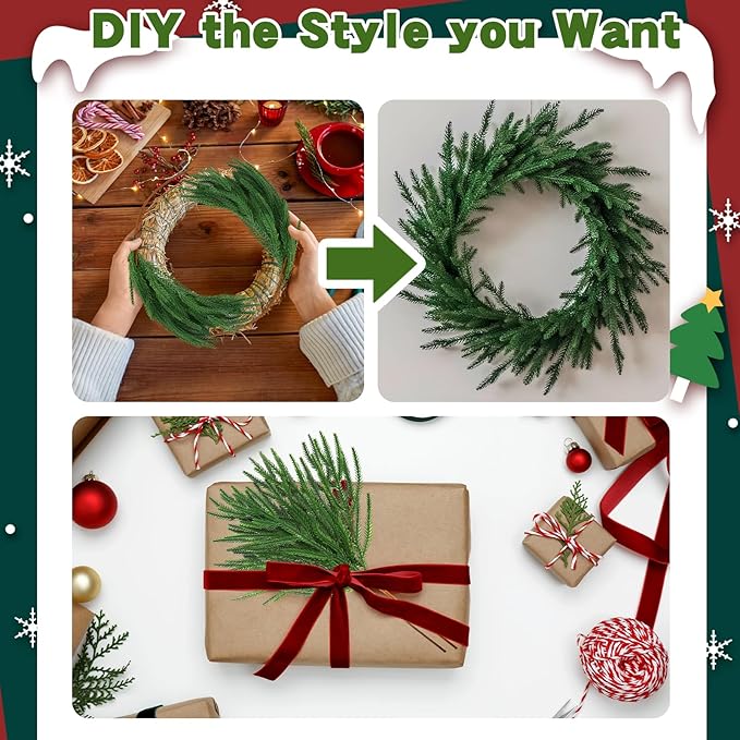 12 Pcs Artificial Pine Branches - 19 Inch Real Touch Norfolk Pine Stems - Faux Christmas Greenery Stems for Vase Centerpiece Home Indoor Outdoor Xmas Decorations