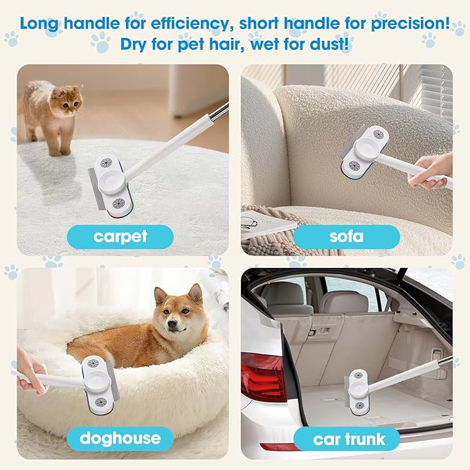 Pet Hair Remover with Extended Long Handle - Electrostatic Pet Hair Removal Tool for Dog & Cat Hair on Couch, Carpet, Furniture, Car Seats