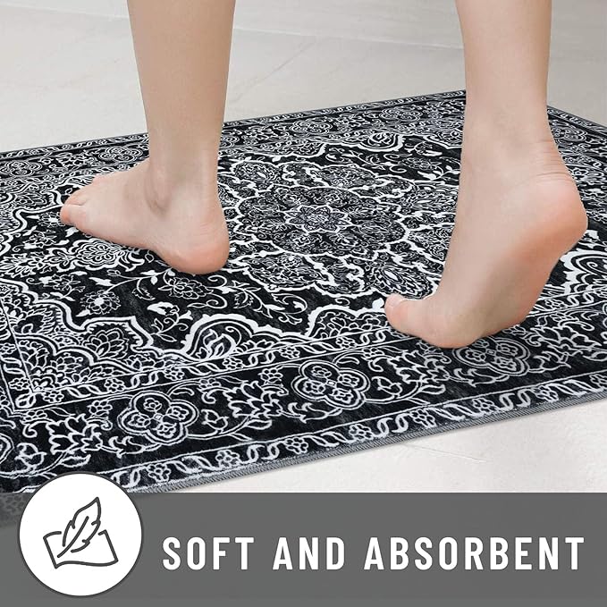 KUTA Runners for Hallways 2x8 Black, Vintage Medallion Kitchen Rugs Non-Slip Ultra Soft Washable Printed Retro Distressed Vintage Carpet Entryway Runners for Bedroom Laundry Nursery