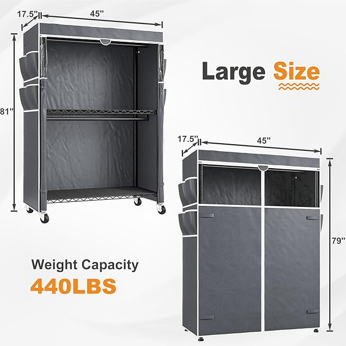 Raybee Clothes Rack with Cover, 81" H Clothing Racks for Hanging Clothes, Portable Closet with Wheels and Adjustable Feets for Bedroom, Laundry Room, Max Load 440LBS, Black