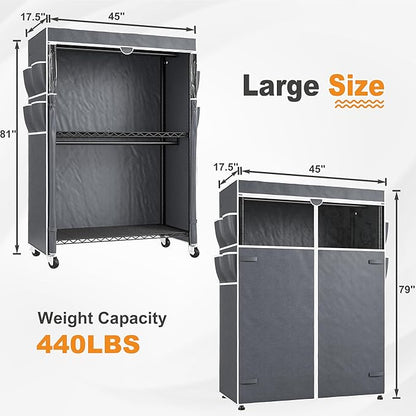 Raybee Clothes Rack with Cover, 81" H Clothing Racks for Hanging Clothes, Portable Closet with Wheels and Adjustable Feets for Bedroom, Laundry Room, Max Load 440LBS, Black