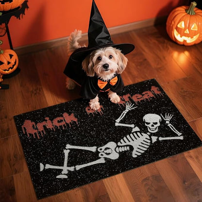 Halloween Door Mat, Halloween Doormat Outdoor Front Door Entrance Absorbent Entry Mat with Non Slip Backing, 17''x30'', Skeleton Black