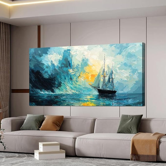 Canvas Wall Art Decor Abstract Canvas Art Wall Decor Abstract Coastal Wall Art Prints Modern Blue Green Wall Art Decorations Artwork for Walls Foggy Boat Bedroom Office Kitchen Wall Decor 20" X 40"