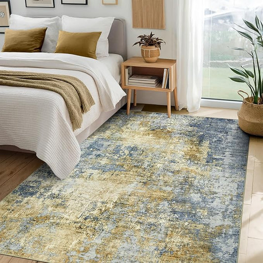 Area Rug Living Room Rugs - 5x7 Modern Abstract Soft Indoor Neutral Washable Rug Stain Resistant Non-Slip Low Pile Carpet for Bedroom Dining Room Home Office - Blue/Grey/Yellow