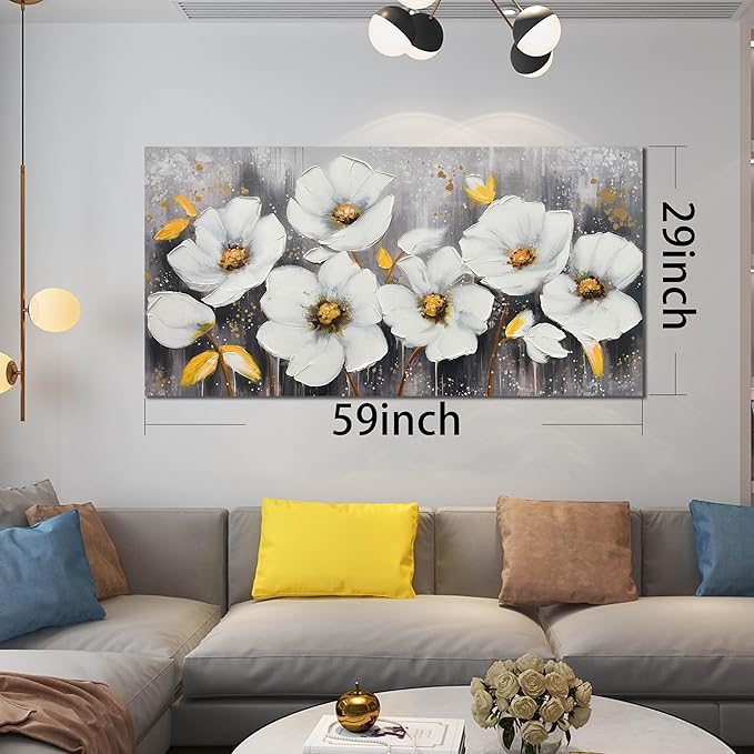 CIRABKY White Flower Canvas Wall Art for Living Room - Modern Hand Painted Wall Art for Office - Teen Girls Room Decor for Bedroom 29" x 59"