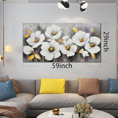 CIRABKY White Flower Canvas Wall Art for Living Room - Modern Hand Painted Wall Art for Office - Teen Girls Room Decor for Bedroom 29" x 59"