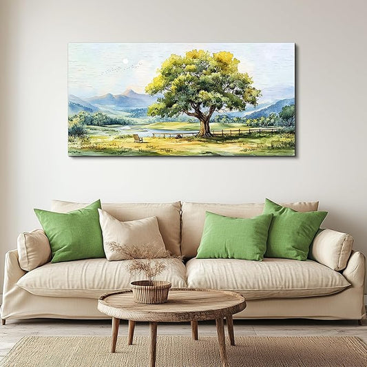 QIYILEXWART Large Wall Decor For Living Room Canvas Wall Art For Office Modern Wall Decorations For Bedroom Green Tree Landscape Painting Farmhouse Pictures Artwork Room Home Decor 24x48 In