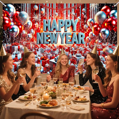 Nuxovilar Happy New Year Banner, Red Blue Balloons Dense Backdrop for Party Decorations, 71x43 Inch