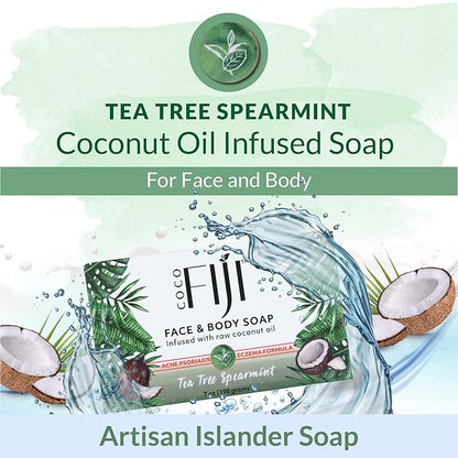 "Coco Fiji Soap Bar for Face and Body Infused With Organic Coconut Oil, Tea Tree Spearmint Essential Oil, Natural Soap for Moisturizing & Pore Purifying Skin, 7 oz, Pack Of 3 "