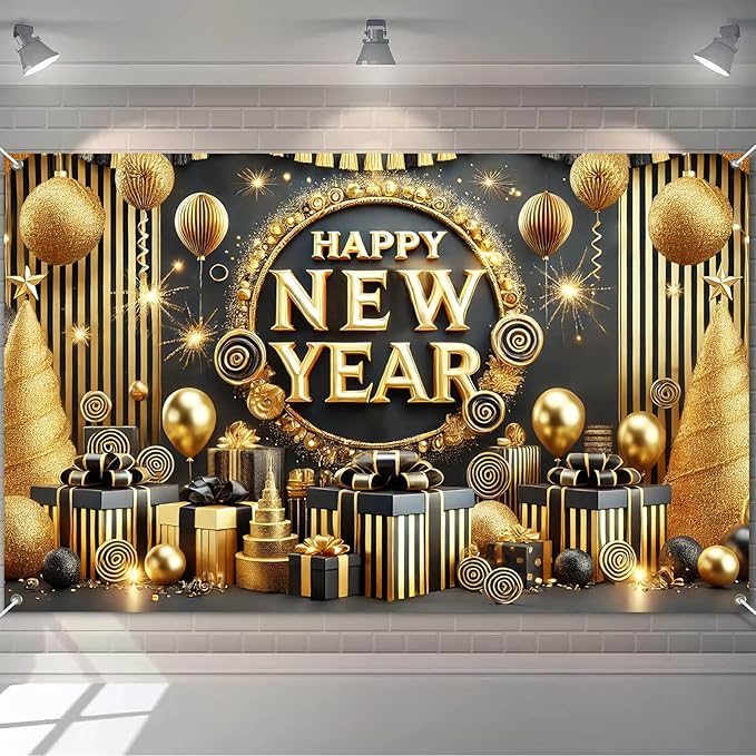 Happy New Year Backdrop 71x43 Inch Black Gold Party Banner Luxury Fireworks Celebration Background Elegant Holiday Wall Decor for New Year Eve Party Photo Booth Home Event