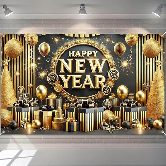 Happy New Year Backdrop 71x43 Inch Black Gold Party Banner Luxury Fireworks Celebration Background Elegant Holiday Wall Decor for New Year Eve Party Photo Booth Home Event