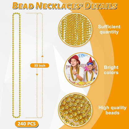240PCS Mardi Gras Beads, 33" Gold Bead Necklaces Stuff, Mardi Gras Christmas Necklace Costume, Festival Parade Throw Accessories for Wedding Birthday Pirate Party School Activities Supplies