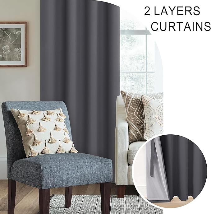 XWZO 100% Blackout Curtain Panels - Thermal Insulated Black Liner Curtains, Noise Reducing and Heat Blocking Drapes for Hall and Studio Windows with Tiebacks, Dark Grey, W60 x L84, Set of 2