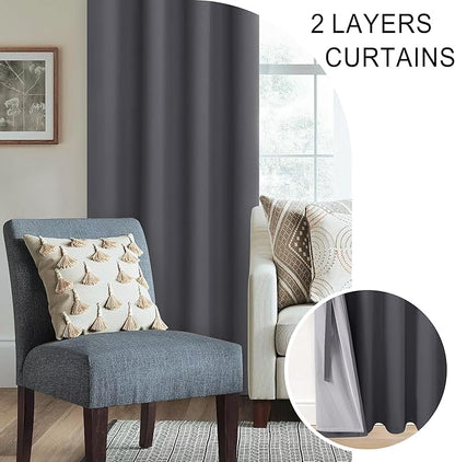 XWZO 100% Blackout Curtain Panels - Thermal Insulated Black Liner Curtains, Noise Reducing and Heat Blocking Drapes for Hall and Studio Windows with Tiebacks, Dark Grey, W60 x L84, Set of 2