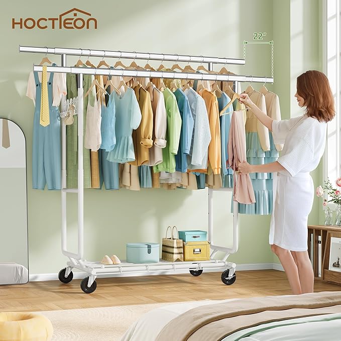 Hoctieon 2-Minute Assembly Double Rod Clothes Rack, Heavy Duty Rolling Clothing Racks with Wheels, Foldable Commercial Garment Rack, Extendable Hanging Bar, Adjustable Metal Pole with Hooks, White