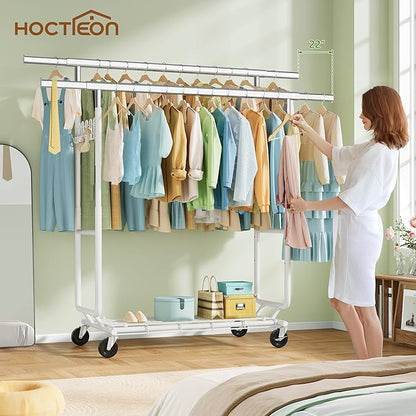 Hoctieon 2-Minute Assembly Double Rod Clothes Rack, Heavy Duty Rolling Clothing Racks with Wheels, Foldable Commercial Garment Rack, Extendable Hanging Bar, Adjustable Metal Pole with Hooks, White