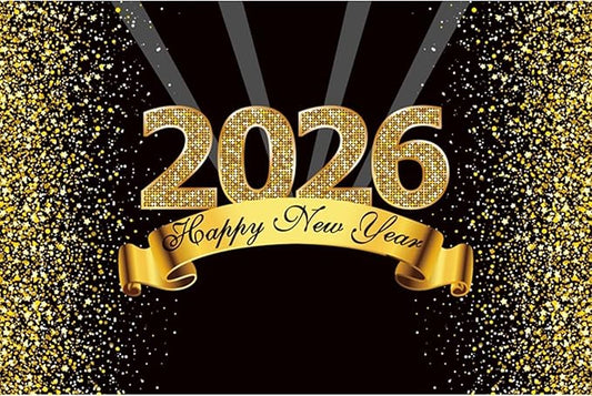 YongFoto 2026 Happy New Year Backdrop 9x6ft Black Gold Photography Background Merry Christmas Night Festival Carnival Celebration Party Banquet Decor Banner Photoshoot Wallpaper Photo Booth