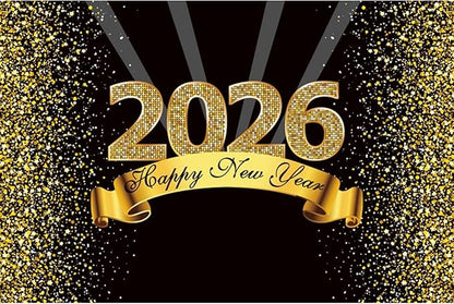 YongFoto 2026 Happy New Year Backdrop 12x10ft Black Gold Photography Background Merry Christmas Night Festival Carnival Celebration Party Banquet Decor Banner Photoshoot Wallpaper Photo Booth