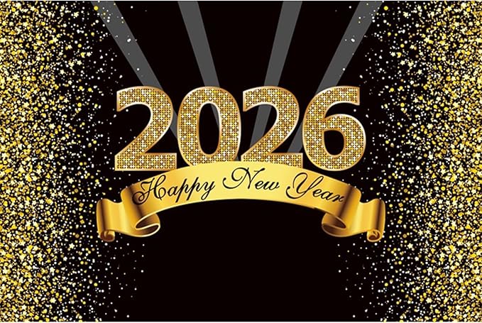 YongFoto 2026 Happy New Year Backdrop 10x6.5ft Black Gold Photography Background Merry Christmas Night Festival Carnival Celebration Party Banquet Decor Banner Photoshoot Wallpaper Photo Booth
