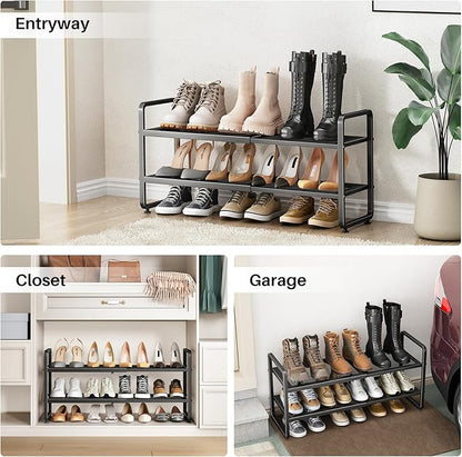 Shoe Rack - Expandable Shoe Organizer for Closet, Adjustable Metal Shoe Shelf Storage, 2 Tier Stackable Long Shoe Stand Holder for Garage, Entryway, Door Entrance, Black