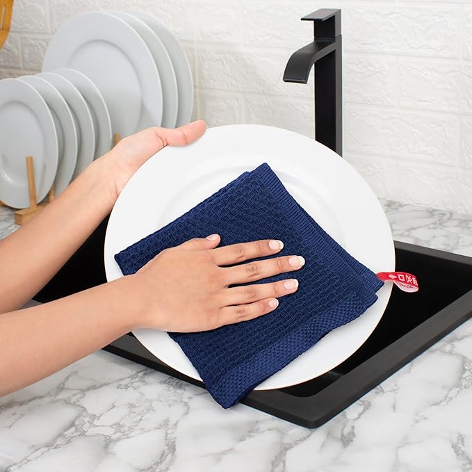 Premium 100% Cotton Waffle Weave Dish Cloths (12x12, 12 Pc) – Honeycomb, Ultra Soft, Scratch-Free & Superb Absorbent Best Dish Cloth, Dish Rags - Blue