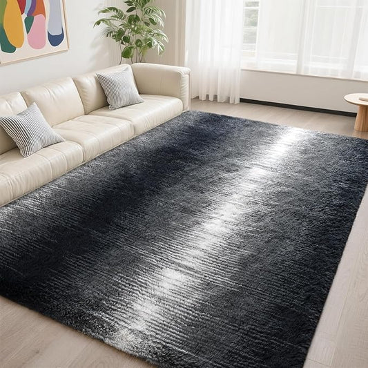 DweIke Luxury Fluffy Kids Rugs for Living Room Bedroom, 5x8 Large Shaggy Black and White Area Rug for Girls Boys, Upgrade Plush Non-Slip and Washable Colorful Fuzzy Carpet for Dorm Nursery Decor